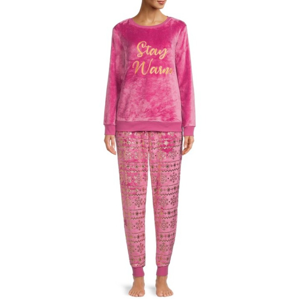 SECRET TREASURES Pink Fuzzy Fleece Pajamas STAY WARM Gold Snowflakes Joggers M